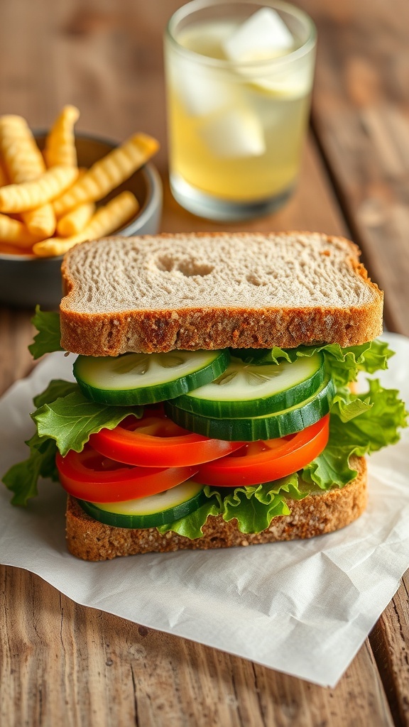 Simple Vegetable Bread Sandwich Recipe A simple vegetable sandwich with cucumber, tomato, and lettuce on whole wheat bread, served with chips and lemonade.